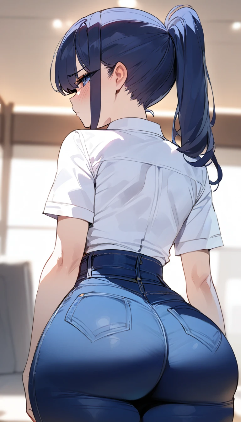 (best quality,masterpiece) thicc, 1 girl, small breasts, wide hips, thick thighs, shy, ponytail, dark blue hair, narrow waist, blue jeans, white shirt,blue eyes,back view
