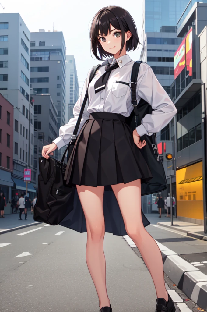 1 girl, smile, shirt, skirt, (small) chiralism,