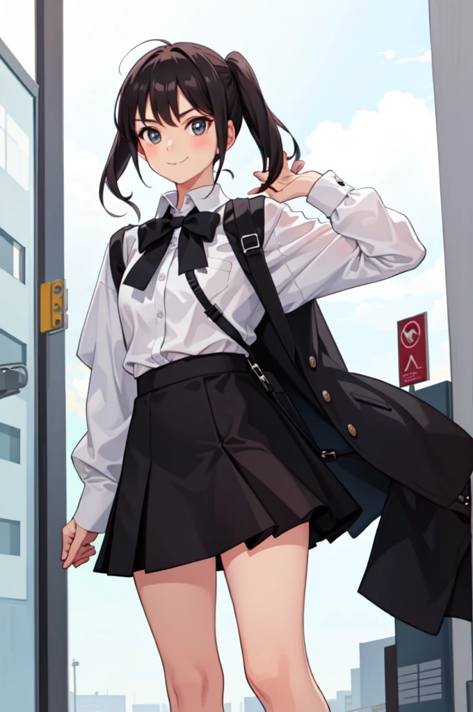 1 girl, smile, shirt, skirt, (small) chiralism,