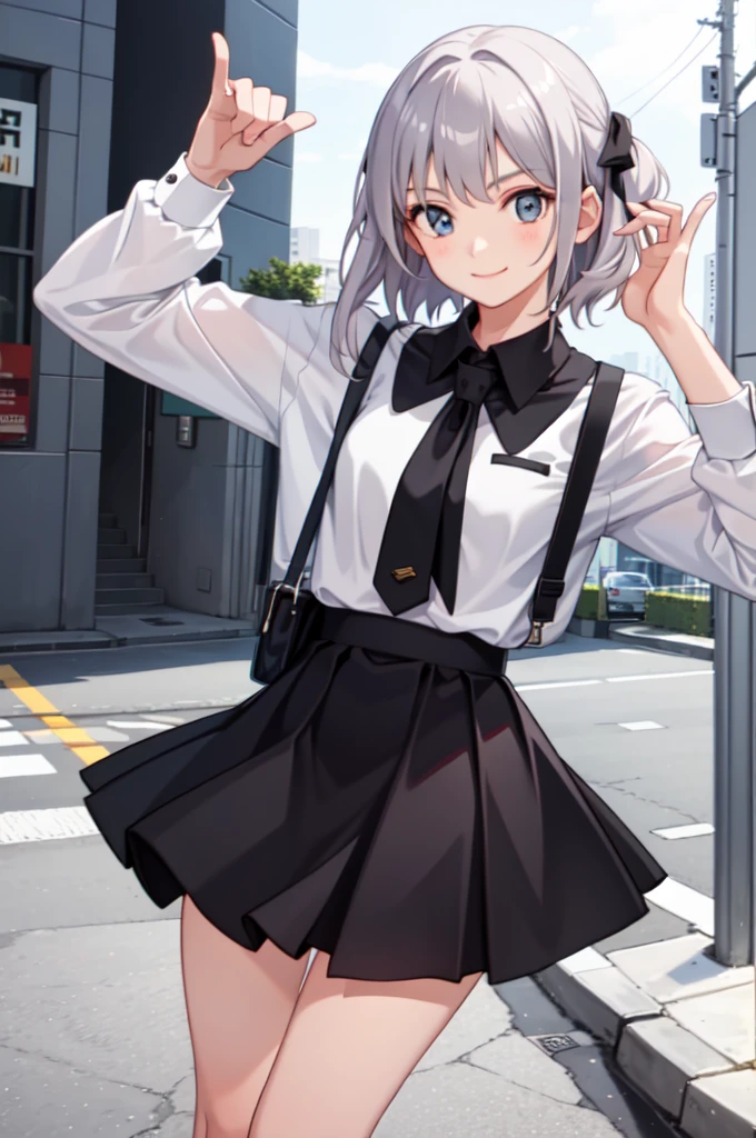 1 girl, smile, shirt, skirt, (small) chiralism,
