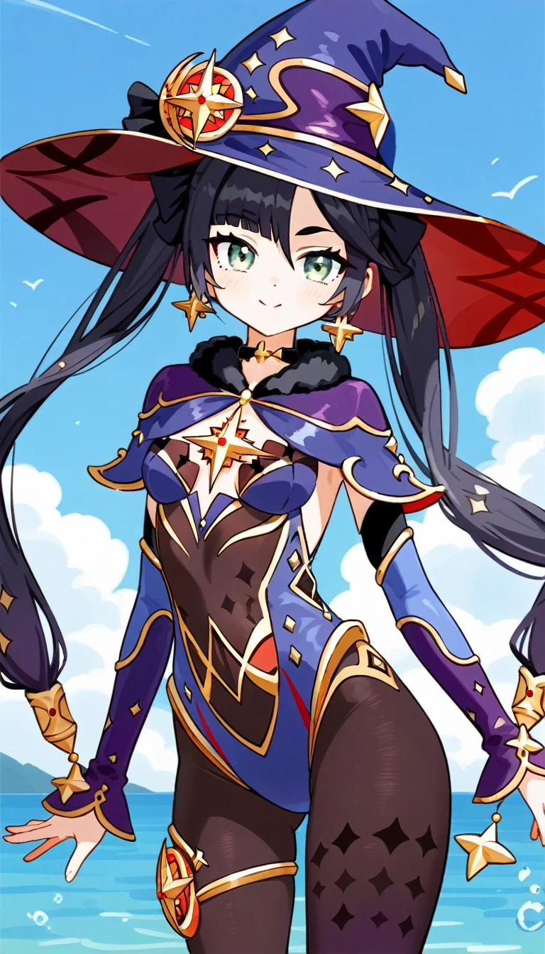 masterpiece,Ultra HD,score_9, score_8_superior, score_7_superior, score_6_superior,score_4_superior BREAK source_anime,可愛いanimeイラスト, One girl, alone, Mona XL, Long black hair, Green Eyes, tsurime, Twin tails, Medium , Witch Hat, Body stockings, leotard, Elbow hand pockets, Thigh guard,,View your viewers,smile,Swimming in the sea,