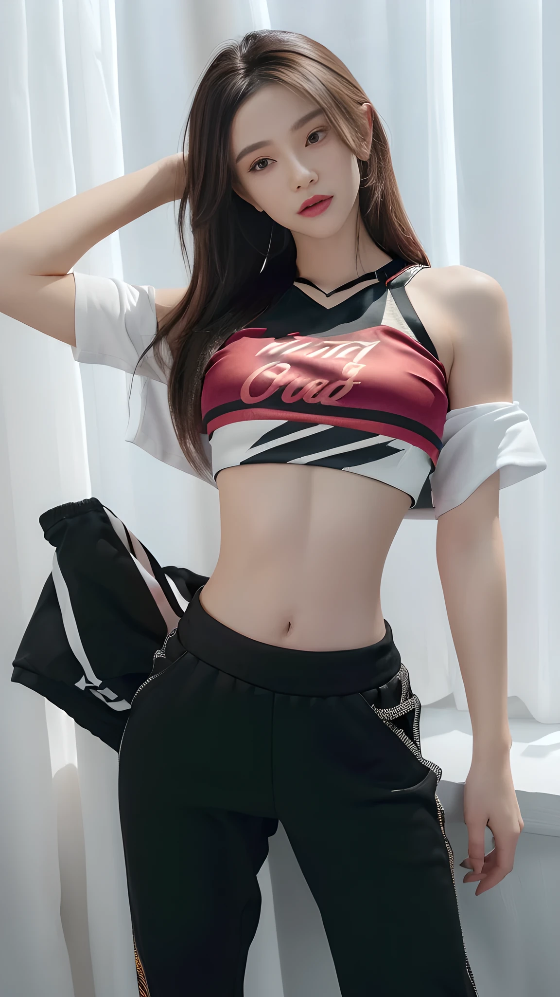 a close up of a woman in a crop top and black pants, crop shirt and strong abs, tinyest midriff ever, wearing crop top, wearing a sexy cropped top, skinny waist and thick hips, beautiful midriff, wearing a crop top, physical : tinyest midriff ever, with ripped crop t - shirt, sporty physique