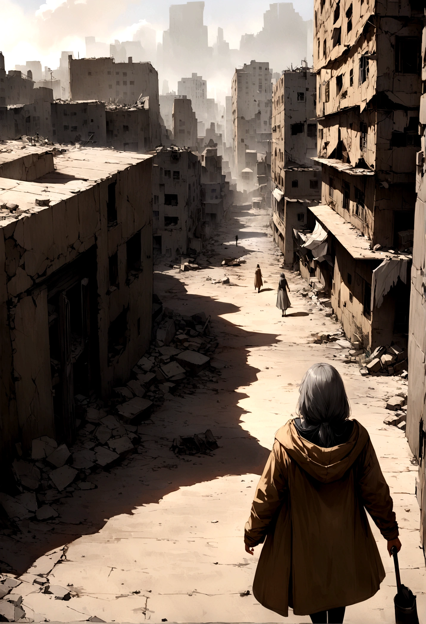 This is the view from the balcony of a tall circular tower in the post-apocalyptic center of a large North American metropolis., The whole city view, There are gray areas in this city, Smoke structure, Abandoned car on the street, Desert Metropolis, Tall buildings collapse, There are many destroyed buildings around, There is a hooded girl walking down the street, She is walking , Be as realistic as possible, as detailed as possible