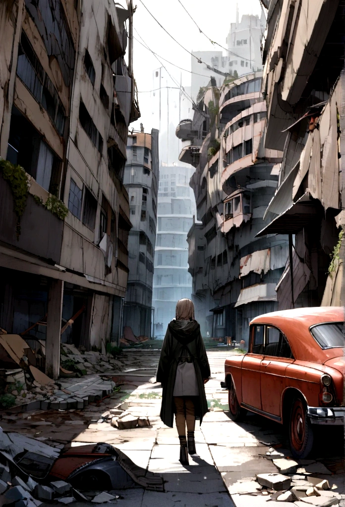 This is the view from the balcony of a tall circular tower in the post-apocalyptic center of a large North American metropolis., The whole city view, There are gray areas in this city, Smoke structure, Abandoned car on the street, Desert Metropolis, Tall buildings collapse, There are many destroyed buildings around, There is a hooded girl walking down the street, She is walking , Be as realistic as possible, as detailed as possible