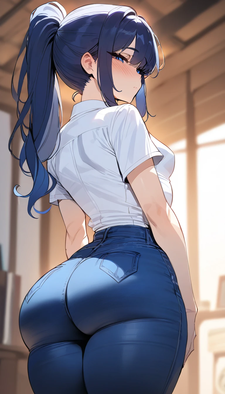 (best quality,masterpiece) thicc, 1 woman, small breasts, wide hips, thick thighs, shy, ponytail, dark blue hair, narrow waist, blue jeans, white shirt,blue eyes,back view