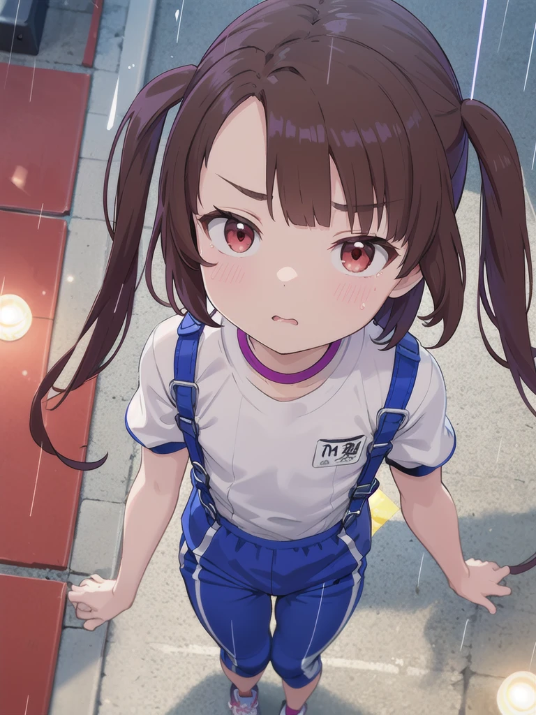 1girl,{{{{Red harness}}}},Look Up,A view from above,Watching the audience,Outdoor,night,rain,Square bib number,Gym suit,Red harness,Red eyes,Long twin tails,Brown Hair,Eyebrows visible through hair,Flat Chest,,Focus on face,Straight face 