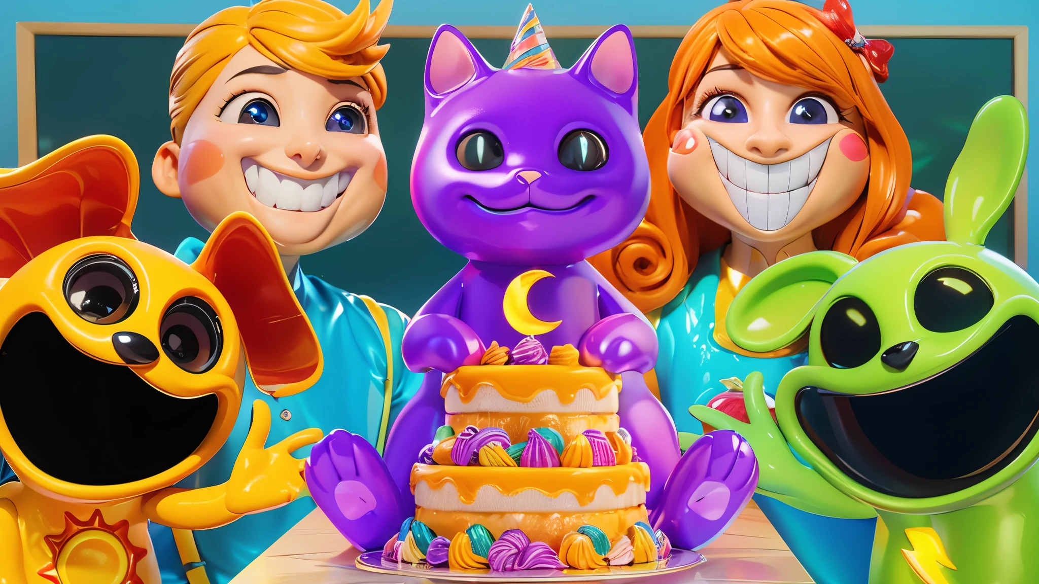 3d style, simplified design, 3d render, glossy texture, smooth 3d model, multiple light sources, rim light, sharp post effects render, (glossy plastic texture with multiple big light probe refractions), perfect cgi, smooth silhouette, high intensity refraction, (super glossy material), most beautiful vfx , blue background, plastic refractions, realistic, 4k, high resolution, rim light, photo shoot, commercial photo, profile shot, 4k, rim light, high resolution, 4k, glossy texture, smooth 3d model, multiple light sources, rim light, sharp post effects render, (glossy metallic texture with multiple big light probe refractions), perfect cgi, cgi art created only with gradients, smooth silhouette, high intensity refraction, (super glossy chrome material), most beautiful vfx, blue background, chrome metal refractions, multiple light sources, rim light, sharp post effects render, perfect cgi, digital art, detailed digital art, reflective, best quality, 4k, masterpiece:1.2, ultra-detailed, realistic, vivid colors, dark and moody lighting, The image of the highest quality, ensuring every detail is showcased perfectly. It in 4k resolution, allowing viewers to immerse themselves in the richness of the colors and intricate details. The realistic rendering. under the spotlight, reflecting, high-resolution image, realistic rendering, dark background, and rim light photorealistic The image features three characters standing in front of three houses. The characters are a red-haired mermaid, a purple cat, and an orange dog. They are each holding a yellow maraca