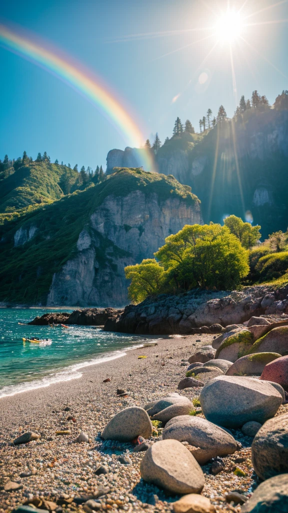 there is a rainbow in the sky over a beach with rocks and pebbles, seashore, Alpine Forest Landscape Photo,Steep mountain roads,Clear and transparent lake,wood,Bushes,Fallen leaves,Dawn Sun,Kasumi,Cliffs and mountains,Dilapidated,Lonely,cold,Foggy sky,Not a dazzling morning sun,Nightmare vision,Dark fantasy plot,Perfect and excellent composition,8K resolution,detailed,restricted,close ultra-wide angle shot,Realistic,Beautiful sky,Colorful clouds float,True to life, The private parts are clearly visible, Perfect perfection, Digital single-lens reflex camera, 1024, 2048, 4096, detailedな, sharp, Best Quality, high quality, Absurd,Unattended background,Very detailed、detailedな照明の影,Art Station Trends、Complex、expensivedetailed、dramatic、(Volumetric Lighting:1.2)HDR shot。(close,Super Depth of Field,Ultra Wide Angle,Microfocal Lenses:1.2)(Realistic:1.4)Masterpiece、expensive、expensive品質、beautiful photo,Global illumination magical beach, sunny rainbow galaxy stormy sea, by Igor Grabar, colorful hd picure, near the seashore, rainbow reflections, just one rainbow 8 k, beach landscape, still of rainbow ophanim, calm vivid colors, by Marie Bashkirtseff, beautiful beach
