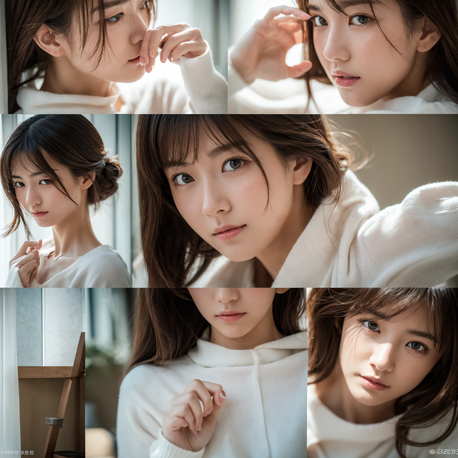 (Highest quality、8K、32k、masterpiece、Hmph:1.2)、Cute Japanese Women Photos、Photographed in front of a white wall、Photographed in natural light、Upper Body、Surface Focus、Long sleeve shirt、Simple Necklace、From above、Mix 4、(8K、RAW Photos、Highest quality、masterpiece:1.2)、(Realistic、Photorealistic:1.37)、1 Girl、Photon Mapping、Physically Based Rendering、Excellent image quality、High resolution、1080P、(Beautiful face)、(Detailed facial depiction)、(Detailed explanation of the hand setter muscle parts)、(Detailed CG)、 Extreme light and shadow、Dirty hair、masterpiece、Rich details、(exquisite features)、(Best image quality)、(masterpiece)、(Detailed eyes)、I look forward to seeing you、Delicate clavicle、Various poses