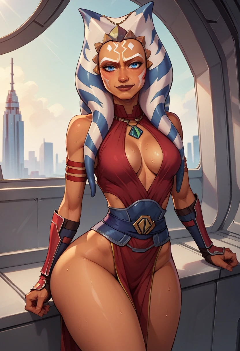 score_9, score_8_up, score_7_up, score_6_up, BREAK Ahsoka, wearing jedi robes, cleavage, medium breasts, seductive smirk,sweating, wide hips, big ass, on a spaceship, tugging at clothes