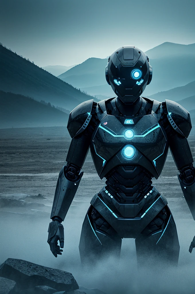 Generate a digital landscape with haunting AI elements, featuring a robot 