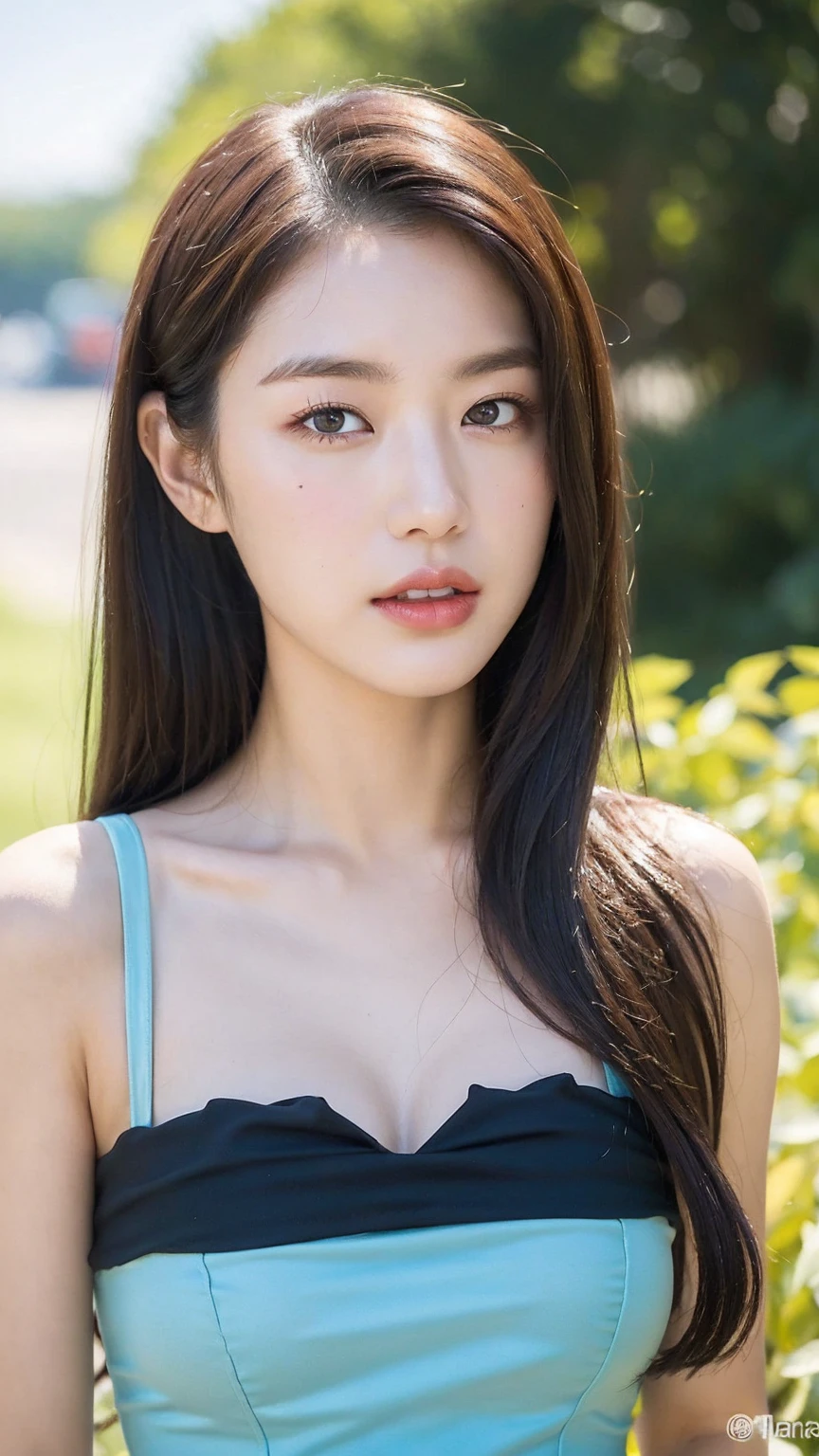 ((best quality, 8K, masterpiece:1.3))，1 woman，18 years old，Asian，real texture:1.3，(blur background:1.3)，gorgeous long dress，tall and slender figure:1.2，(hot summer weather)，（distance:1.3），Highly detailed face and skin textures，exquisite eyes，long eyelashes，double eyelid，skin whitening，happy，big bust