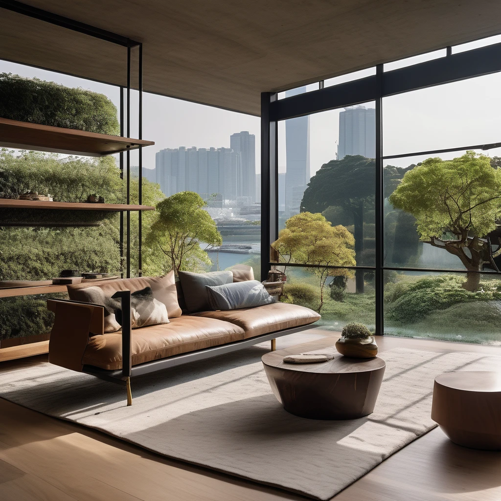cinematic photo,mrares, ((Wabi-sabi style:1.5)), (Wabi-sabi_style:1.5), (It was:1.5),(Wabi-sabi elements:1.3), modern living room, simple style, living room, home, concrete plain wall, wooden floor, there is a sofa placed in the space, a projection screen facing the sofa, and a push-pull cart, wide angle,long-focus,depth of field, . 35mm photograph, film, bokeh, professional, 4K, Highly detailed Outside you can see the Rainbow Bridge in Yokohama.　The garden is artificial turf