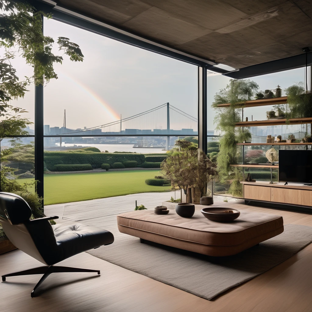 cinematic photo,mrares, ((Wabi-sabi style:1.5)), (Wabi-sabi_style:1.5), (It was:1.5),(Wabi-sabi elements:1.3), modern living room, simple style, living room, home, concrete plain wall, wooden floor, there is a sofa placed in the space, a projection screen facing the sofa, and a push-pull cart, wide angle,long-focus,depth of field, . 35mm photograph, film, bokeh, professional, 4K, Highly detailed Outside you can see the Rainbow Bridge in Yokohama. The garden is artificial turf