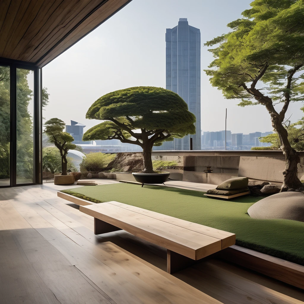 cinematic photo,mrares, ((Wabi-sabi style:1.5)), (Wabi-sabi_style:1.5), (It was:1.5),(Wabi-sabi elements:1.3), modern living room, simple style, living room, home, concrete plain wall, wooden floor, there is a sofa placed in the space, a projection screen facing the sofa, and a push-pull cart, wide angle,long-focus,depth of field, . 35mm photograph, film, bokeh, professional, 4K, Highly detailed Outside you can see the Rainbow Bridge in Yokohama. The garden is artificial turf