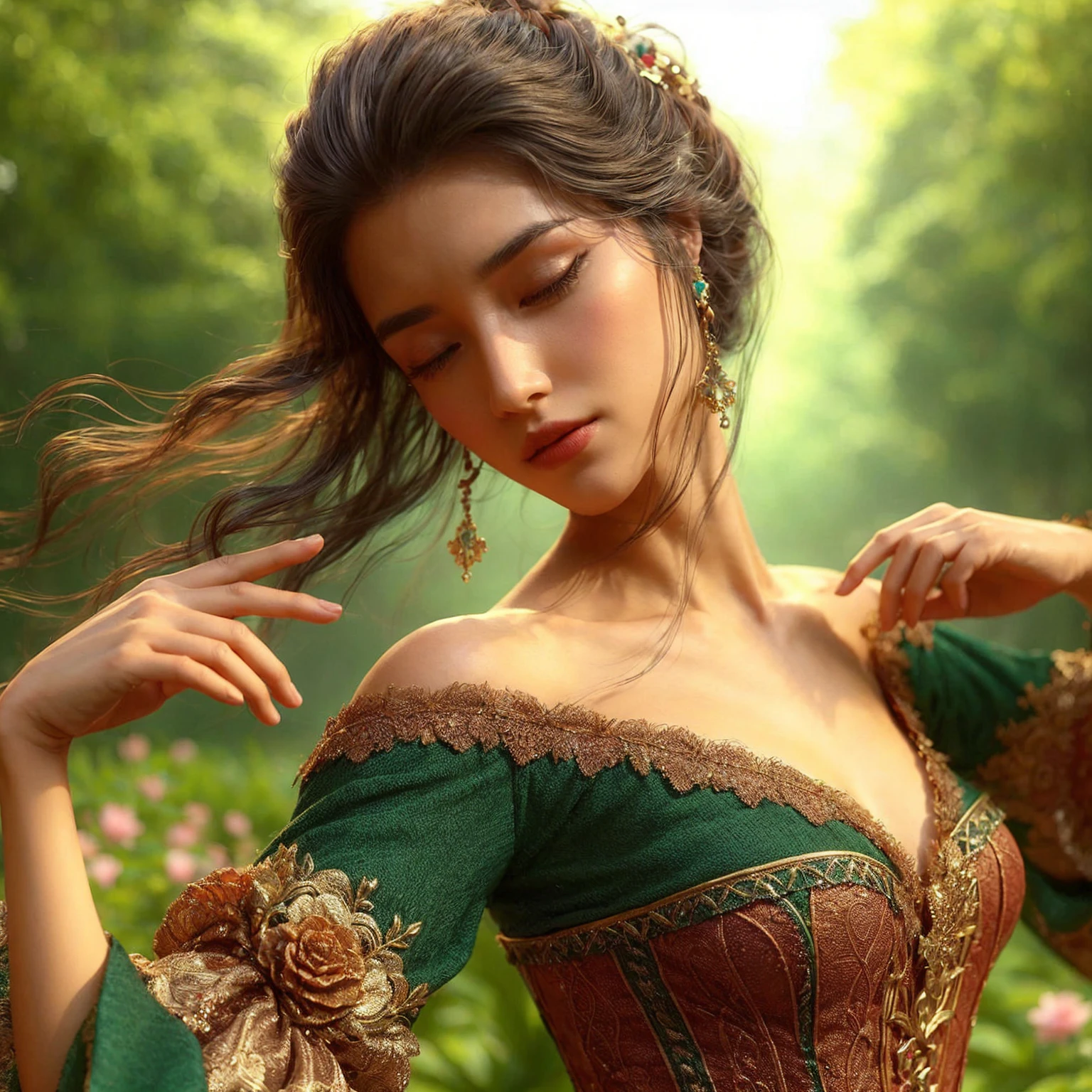 ((Waist Up Shot)) Professional Photo of 20 yo European Look gorgeous female [Gal Gadot : Maude Adams : 0.4] donning casual modest gown with long sleeves walks at the breath-taking surreal meadows scene with full of beautiful and vibrant exotic flowers, blue sky with cotton like white clouds, detailed face, detailed hair, sharp focus, OverallDetail Portrait photo, by WLOP and Thomas Ruppel, masterpiece, stunning, fantasy, hyper detailed, 8k character --auto --s2