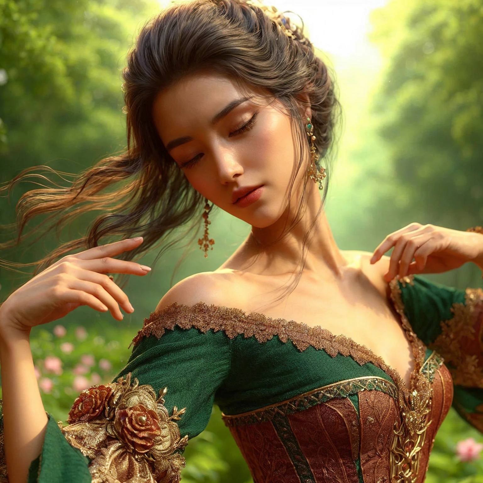 Generate a high-resolution 61k 3D image in a fairytale style, medium shot of a woman as she finishes her dance, her arms slowly lowering to her sides. She takes a deep breath and calms herself, her gaze sweeping across the enchanting green landscape.
