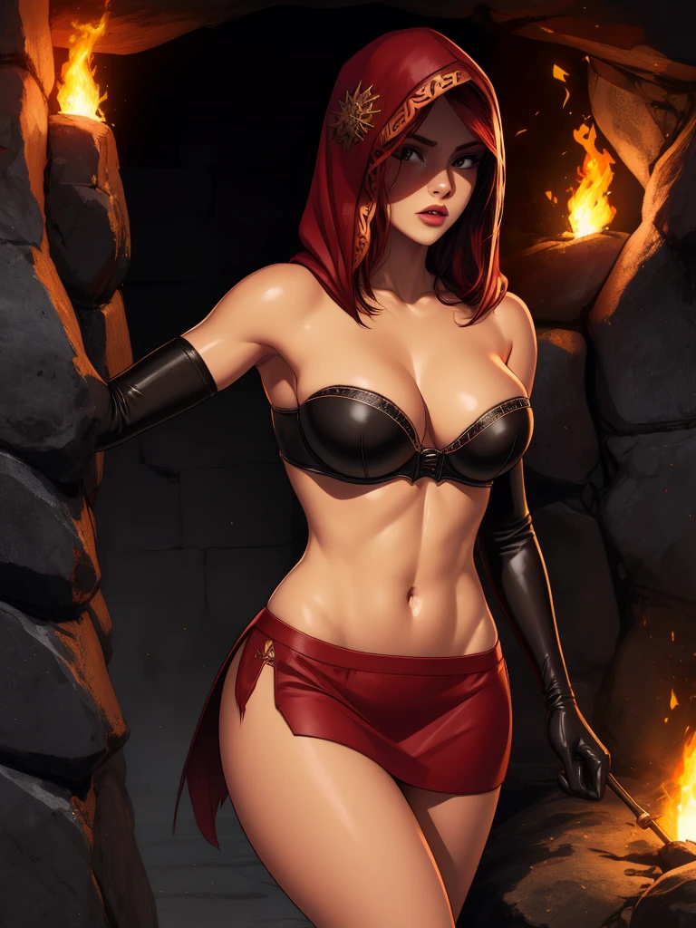 Dsorceress, redhair, shadowy face,dark cave, fire, hood, shadowed face, strapless bra, slim and athletic body, miniskirt, no panty, elbow gloves, dark skin, 1 girl (insanely detailed, masterpiece, best quality)