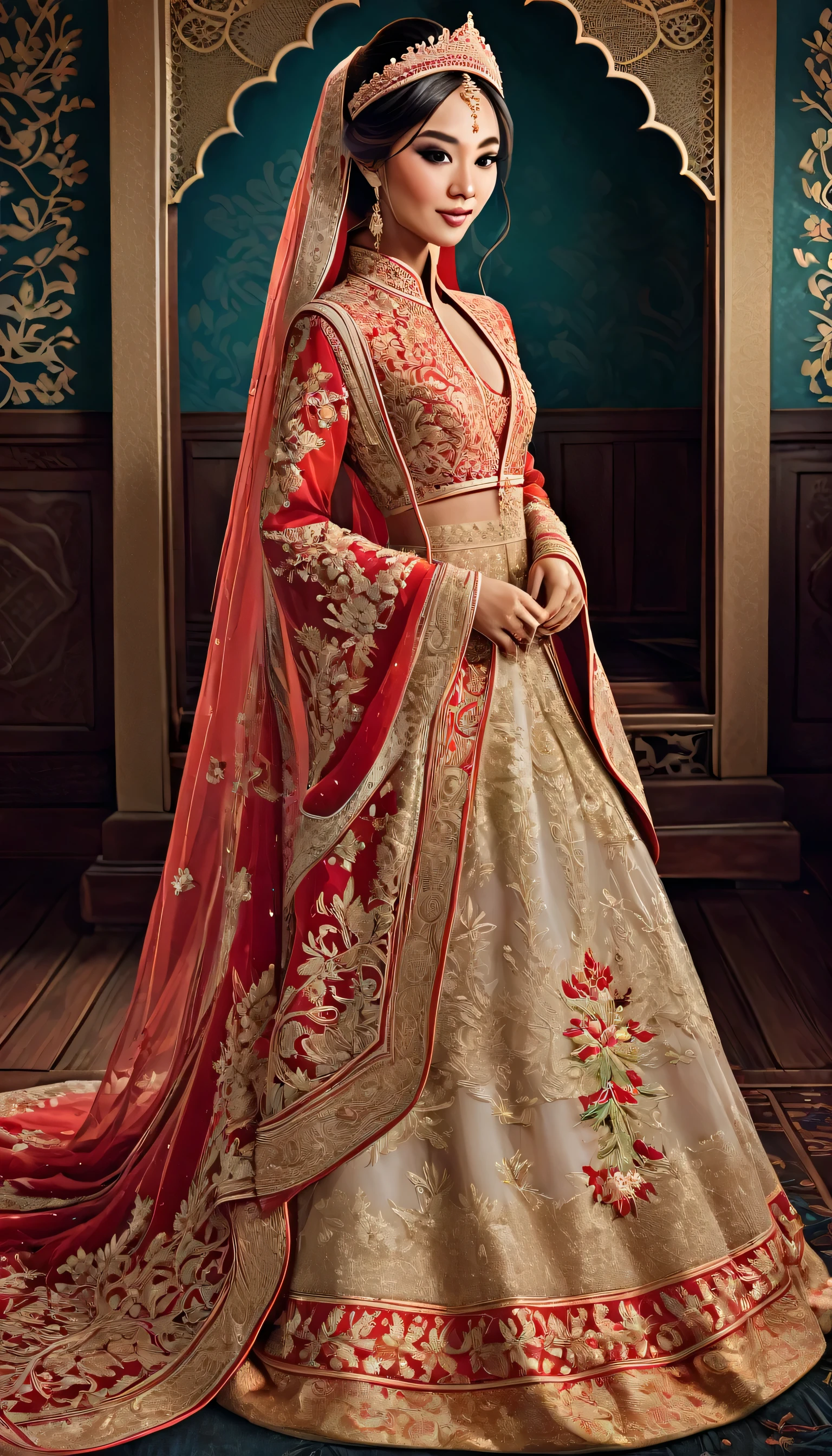 "Create a full-body illustration of an Asian bride, showing her from head to toe. The bride should be dressed in traditional wedding attire with intricate details, such as ornate embroidery and vibrant colors. The background should be elegant and complement the bride's outfit, enhancing the overall aesthetic of the illustration."