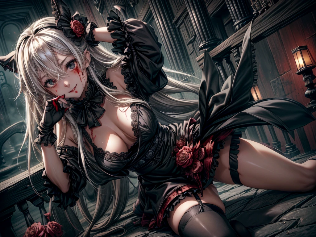常に詳細なface, Perfect lighting, Extremely detailed CG, (完璧なhand, Perfect Anatomy),Very detailed,　Dark Gothic Makeup、暗い笑face、Restless Palace、Dark Gothic、Maid clothes、Bell Sleeves、Wizard Sleeve、Gothic Fashion、Twin tail hair、プラチナblondeヘア、Jet black frill skirt、Shadow、Knee-high socks、Thigh-high socks、lace trim bra, lace trim panties, Boxing stance　死んだ腐ったBloodに飢えた邪悪なzombie, Girl Venom, 黒い共bornborn物が付着している, Bloodまみれの, Evil look, Psychopathic, Torn clothes, Torn costume, sexy, reveal, Combat Stance, Very detailed, Vibrant appearance, Creative Action, Very detailed, Imaginative, Sensual, Voluntary, Small breasts, sexy, reveal, Highest quality, skinの質感, Intricate details, (Highest quality, masterpiece, 超High resolution), (8k wallpaper, High resolution, High resolution, born), (credibility: 1.4), (whole bodyショット), One girl, ((Anime Girls)),,(Bloodしぶき:1.6), ((Fantasy Witch Costume)), ((Flowing white hair)), ,(Bloodしぶき:1.6),Female curves, Large Breasts, Thick thighs, sexyな平らなお腹, 完璧なhand, 完璧なアニメのface, ((dark ta dress)), Are standing, ((Wicked Smile)), ,(Bloodしぶき:1.6),In the Victorian city, gaslight, Steam circulates, Moonlight Illumination, night間照明, A sky filled with stars and galaxies,(Bloodしぶき:1.6),アニメzombie魔女デザイン, ねじれた笑face、Bloodまみれの、頭からの出Blood、Bloodしぶき、,(Bloodしぶき:1.6),Crossbones, skull, Streetwear Design, Provector, Horror Style, Full Design, Huge breasts, Very detailed, Realistic, Dark fantasy, Gloomy atmosphere, Intricate details, Crazy Smile, 狂ったeye, A cute and luxurious hair band,(masterpiece:1.2, Highest quality), Scary atmosphere、Distorted facial expressions、Horror Art、Bloodの雨、Bloodを流す、Bloodしぶき,(Bloodしぶき:1.6),悪魔のeye、greenいeye、scar、火scar、whole body、Torn hair of a woman dressed in slave clothing、（Long Hair）、（eyeにかかる長さの前髪）、Black Hair、（（（eyeの下のクマ）））、green白いskin、Feeling unwell、Pathological、邪悪な笑face、狂ったeye、（Grin）Dramatic makeup，Create mixed media art、,Horror 1 Girl, Open_mouth, , green_eye, Blood, Tilt_red_skin, Injury, Blood_in addition_face, Bandaged_arm, Blood_in addition_zombie, Blood_in addition_hand　, Open your eyelids wide, The trend is all, mouthを大きくOpen, mouthを開けてteethをむき出しにする,獣のような鋭いteeth, Wide lips, 非常に広いmouth, Vermilion cheeks, blonde, ,(Bloodしぶき:1.6),Princess Cut, Ribbon hair ornament, brooch, Otaku Room, Well-built body, Nice body, Ample breasts, Thick body,eyeを大きく開いて、Scary atmosphere、Distorted facial expressions、ねじれた笑face、Bloodまみれの、頭からの出Blood、Bloodしぶき、whole body、,(Bloodしぶき:1.6),Long Hair、Long bangs、Well-built,Broad shoulders,I focus,(face),Messy Hair,いeye,(光るeye),green信号,笑face,big 笑face,teeth,psycho 笑face,gesugao,Dark city background,darkness,night,(close),良いeye, 良いteeth,サディスティックな笑face,,all,光沢のあるskin,詳細なface,Beautiful body,　mouthからの白い息　Luxurious lace long gloves