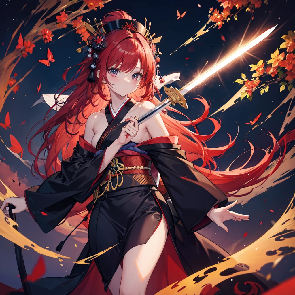 ((((Grasp the sword　1 person))))　(((Redhead　Long Hair　Black kimono　red band　Goddess of victory)))　((Red butterfly　night　Japanese style　shoulder　old))　(moon　star　autumn)　Shining Edge　Shining Background