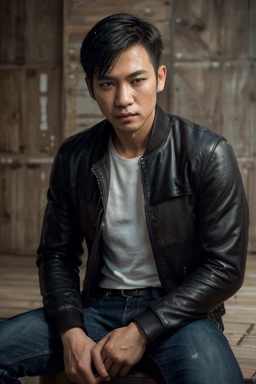 (masterpiece: 1.35), (best quality: 1.4), 8k, highly detailed, photography, (highly realistic: 1.4), film grain, Fujifilm XT3,1 male, adult, (slender Asian male : 1.45), solo, male focus, black bomber leather jacket, jeans, sitting holding chin, simple background, (Two Block Layered Haircut, Sweat, Twitch: 1.45),