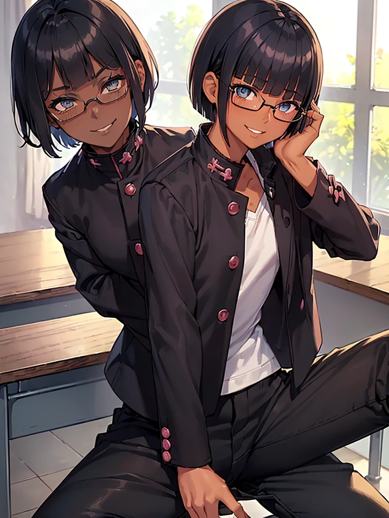 (1 girl solo),(dark skin:1.5),(masterpiece:1.2), highest quality, High resolution, unity 8k wallpaper, (fine and beautiful eyes:1.6), highly detailed face, perfect lighting, Detailed CG, (perfect hands, perfect anatomy),20 years old, (black hair:1.3), detailed eyes, best quality, extremely detailed, very precise detailed, (glasses:1.4), , (straight hair:1.5), (evil smile:1.4) ,long sidelocks, (blush:1.3),(gakuran,long pants:1.5),(very short pixie cut:1.4),(blunt bangs:1.4), (greaming skin:1.3),(in class room:1.3),(sit on desk:1.4),(spread legs:1.5),(flat chest:1.3),(open dakuran.shirt under gakuran:1.4)