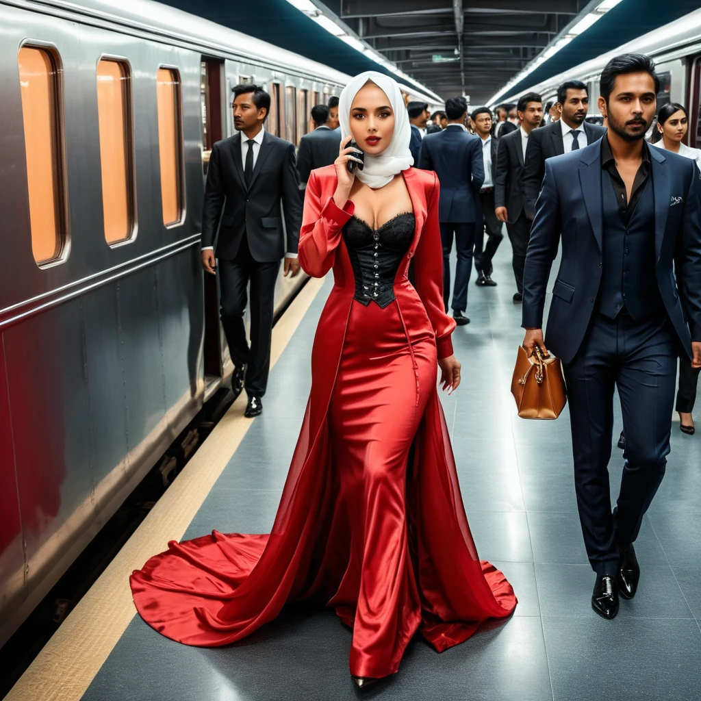 A woman secretary in the translucent red night gown, wear corset with bra expose, wear blazer,wearing satin hijab, full body,mermaid tight long gown, flowy dramatic long gown,very long flor length gown, tall women, walk in the train coridor, between passanger, in the middle of the crowd, walking in a hurry,carry a bag, making a telephone call
 sexy face, sexy pose, wear high heels, masterpice, hyper realistic