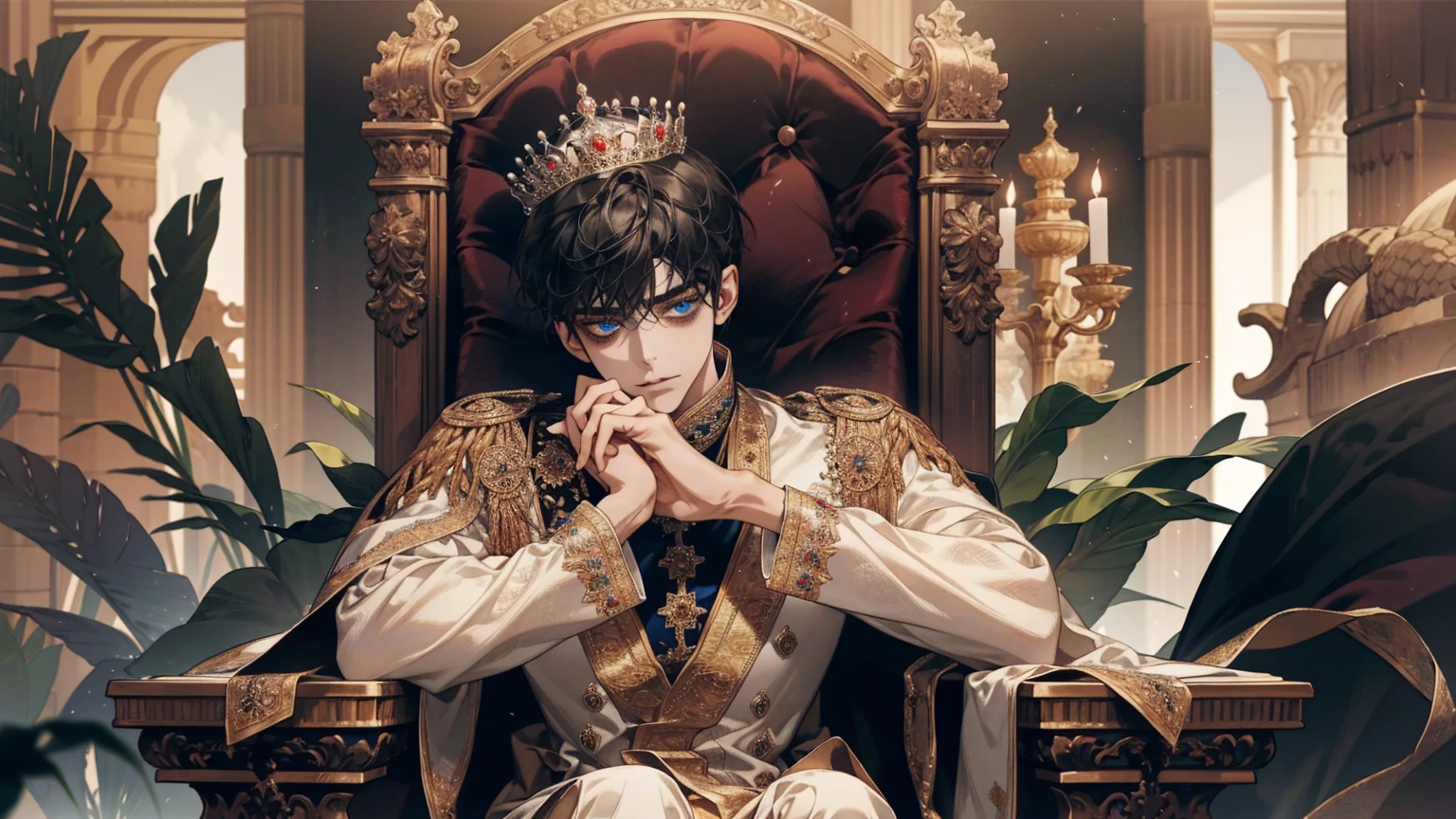 black hair, short hair, the king sits on a majestic throne inside a majestic palace with a crown. King of the sea, The environment around it is majestic. Throne with silver and precious stone details, and covered with silver cloth. The protagonist is dressed in royal clothes., the king's beautiful black and blue robe, with a determined expression on his face, when he looks at the horizon with glowing and piercing blue eyes, Sharp facial features, masterpiece, Best quality, Concept art in 8K resolution, Fantasy art, epic art, concept art wallpaper 4K, deep color, daylight. adult, Beautiful, tall guy, broad shoulders.