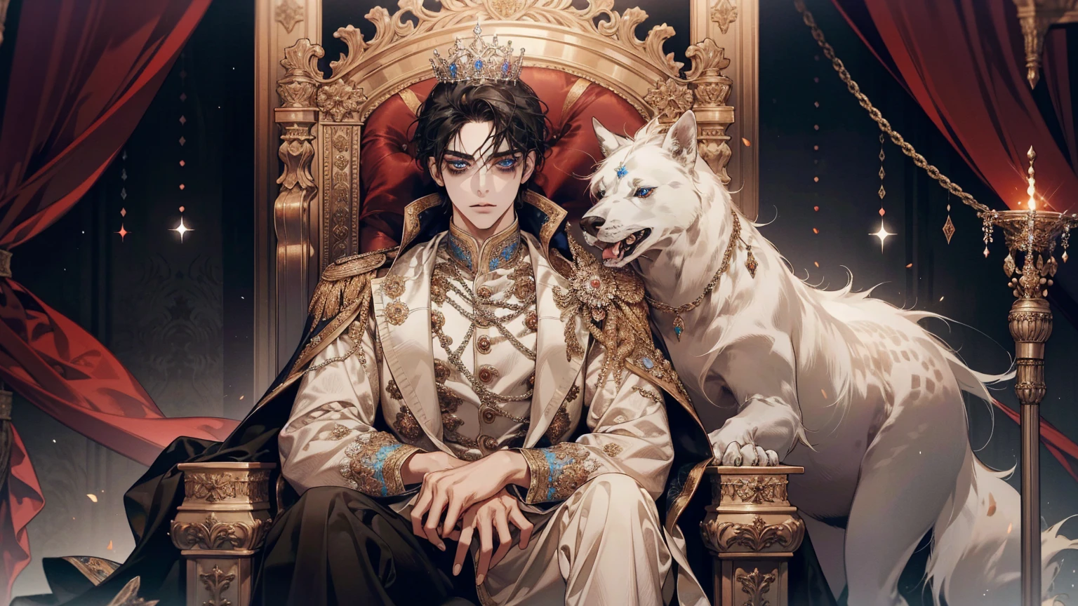 black hair, short hair, the king sits on a majestic throne inside a majestic palace with a crown. King of the sea, The environment around it is majestic. Throne with silver and precious stone details, and covered with silver cloth. The protagonist is dressed in royal clothes., the king&#39;s beautiful black and blue robe, with a determined expression on his face, when he looks at the horizon with glowing and piercing blue eyes, Sharp facial features, masterpiece, Best quality, Concept art in 8K resolution, Fantasy art, epic art, concept art wallpaper 4K, deep color, daylight. adult, Beautiful, tall guy, broad shoulders.