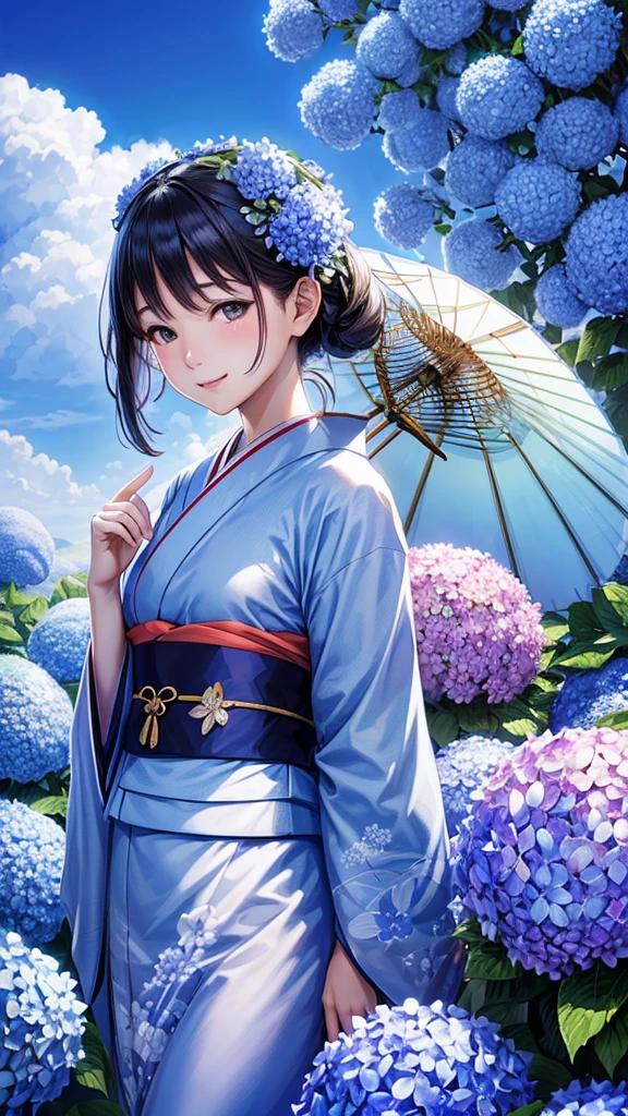 Japanese kimono Girl,smile,blue sky,Background Hydrangea　Apparition　blue sky,Best Quality, Masterpiece, Ultra High Resolution, (Realisticity: 1.4), Original Photo, Cinematic Lighting,butterflyBackground,A kimono with a hydrangea pattern,blue sky