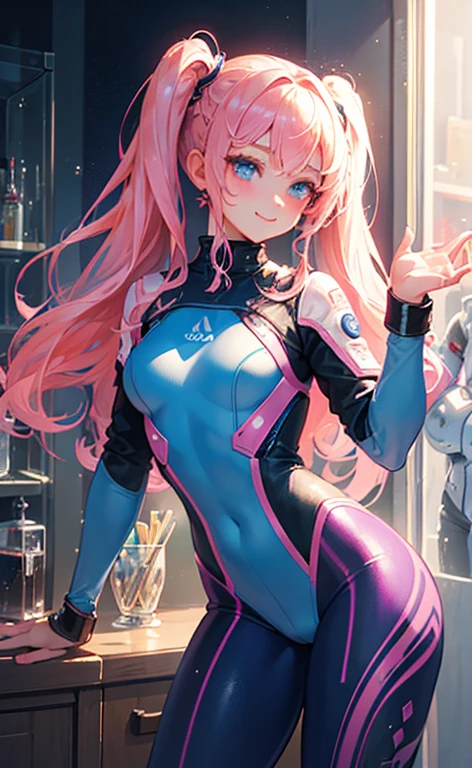 (masterpiece, top quality, very aesthetic, 4k、illustration), intricate detail, 1girl,leaning against a glass wall、(cowboy shot)、light smile、(sideburns)、
Cute 、pink hair、twintails,middle hair,sidelock ,high ,blue eyes、Space suit, tights suit、small breasts,Slim 、Q version