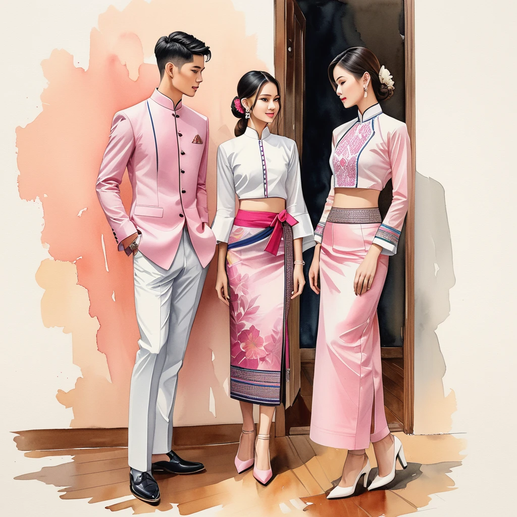candid fashion illustration of two young man and women, 20-27 year old, adorned in a meticulously crafted North Thai Lanna traditional costume, ((showcase in cotton handwoven outfit in pink)), simple elegant style, The man wears a simple long-sleeved white mandarin collar suit, paired with Tailor pants, and oxford shoes, The woman complements him with ankle-length pencil skirt, with simple minimal patterns details, fitted intricately decorated blouse that complements the skirt, Captured in full-body image, stand still, look at the viewer, ((the imperfect water-color backdground)), sketching, realistic drawing, imperfect water color painting, fashion look book, fashion illustrator, sketch design, the image boasts high-quality, Lanna style, North Thai traditional costume, natural pink.