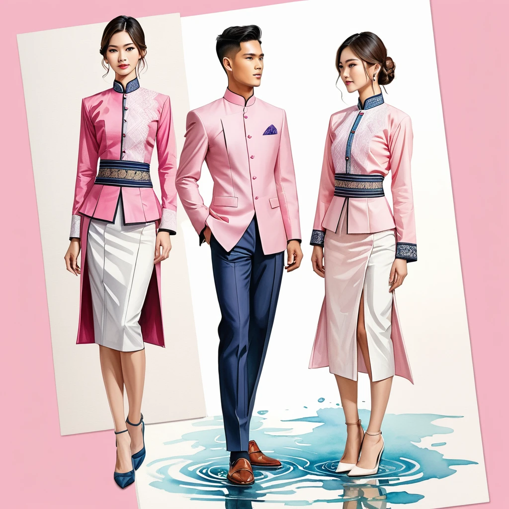 candid fashion illustration of two young man and women, 20-27 year old, adorned in a meticulously crafted North Thai Lanna traditional costume, ((showcase in cotton handwoven outfit in pink)), simple elegant style, The man wears a simple long-sleeved white mandarin collar suit, paired with Tailor pants, and oxford shoes, The woman complements him with ankle-length pencil skirt, with simple minimal patterns details, fitted intricately decorated blouse that complements the skirt, Captured in full-body image, stand still, look at the viewer, ((the imperfect water-color backdground)), sketching, realistic drawing, imperfect water color painting, fashion look book, fashion illustrator, sketch design, the image boasts high-quality, Lanna style, North Thai traditional costume, natural pink.