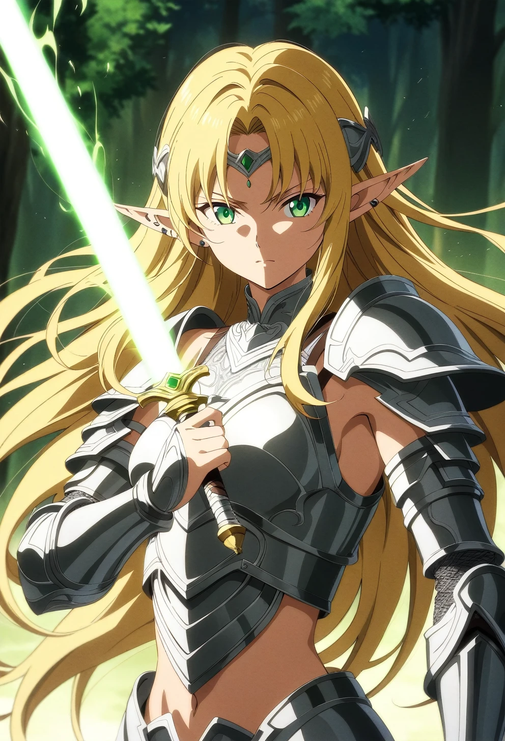 best quality, amazing quality, very aesthetic, absurdres, Create a full-body illustration of a young female elf warrior. She has long, flowing blonde hair and piercing green eyes. She is wearing silver armor with intricate designs, and she holds a glowing sword in her right hand. Her expression is determined and fierce, ready for battle. The background is a mystical forest with ancient trees and a glowing mist.(anime style:1.7), (Warm Light:1.5), (highres:2), (Chiaroscuro),