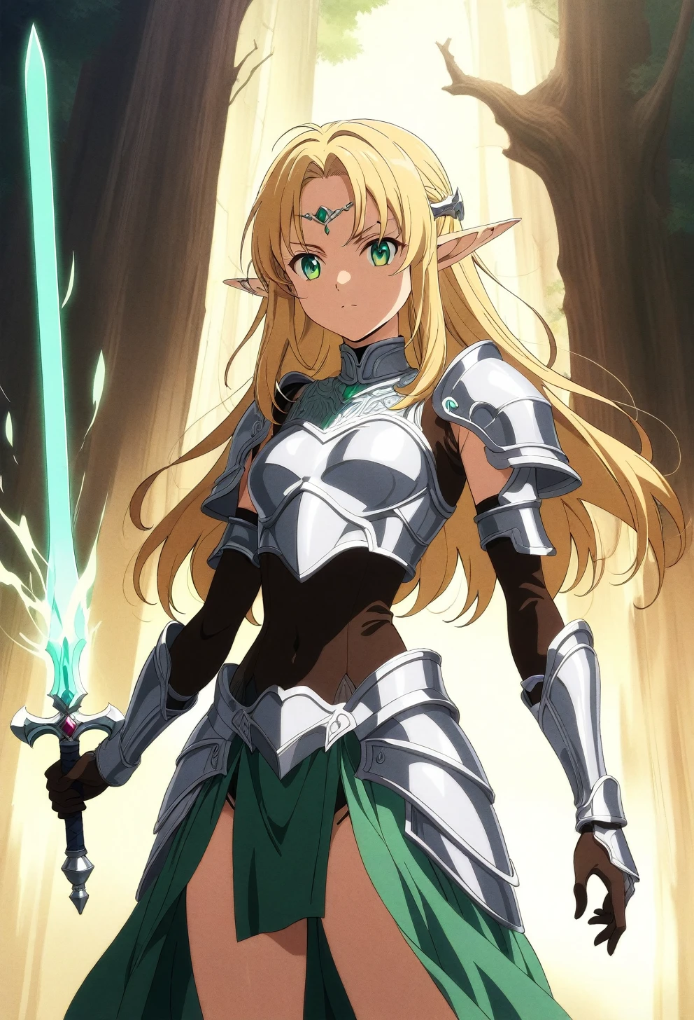 best quality, amazing quality, very aesthetic, absurdres, Create a full-body illustration of a young female elf warrior. She has long, flowing blonde hair and piercing green eyes. She is wearing silver armor with intricate designs, and she holds a glowing sword in her right hand. Her expression is determined and fierce, ready for battle. The background is a mystical forest with ancient trees and a glowing mist.(anime style:1.7), (Warm Light:1.5), (highres:2), (Chiaroscuro),