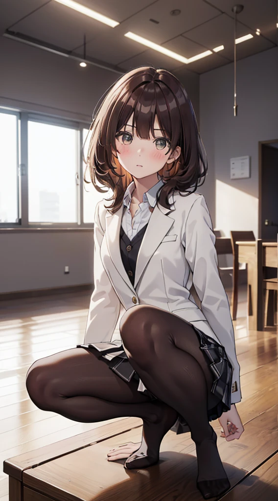 Highest quality, masterpiece, High resolution, (Head to Toe full body), front, frontやや下からの構図, Symmetric, Tall 18 year old girl, alone, (Head to Toe), (Small breasts), Unkempt brown hair, bangs, (black tights), (Black Pantyhose), (Sit with your legs apart), (Crouching pose), (Composition depicting white panties), (Her legs were spread、I see your white pants.), (I was made to sit on the floor with my legs spread...), (M-shaped feet), Thin legs, とても美しくTall 18 year old girl, (No shoes), blush, Shy big eyes, Looking into the camera, Blazer Uniform, Checkered Pleated Skirt