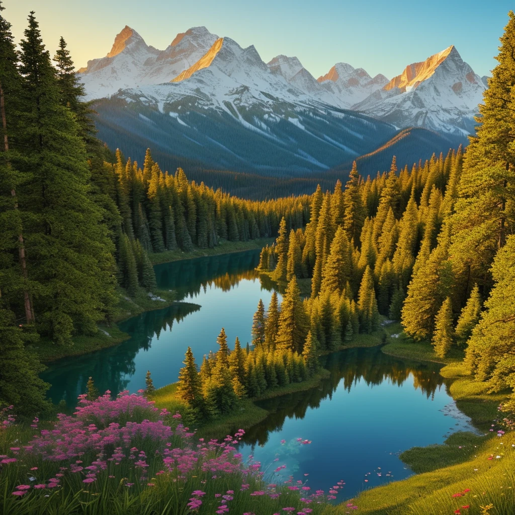 Hyper-realistic digital painting of a breathtaking mountain landscape at sunrise, with snow-capped peaks, a serene crystal-clear lake reflecting the vibrant colors of the dawn sky, lush green meadows dotted with wildflowers in the foreground, and a dense pine forest bordering the scene, cinematic composition, trending on ArtStation.