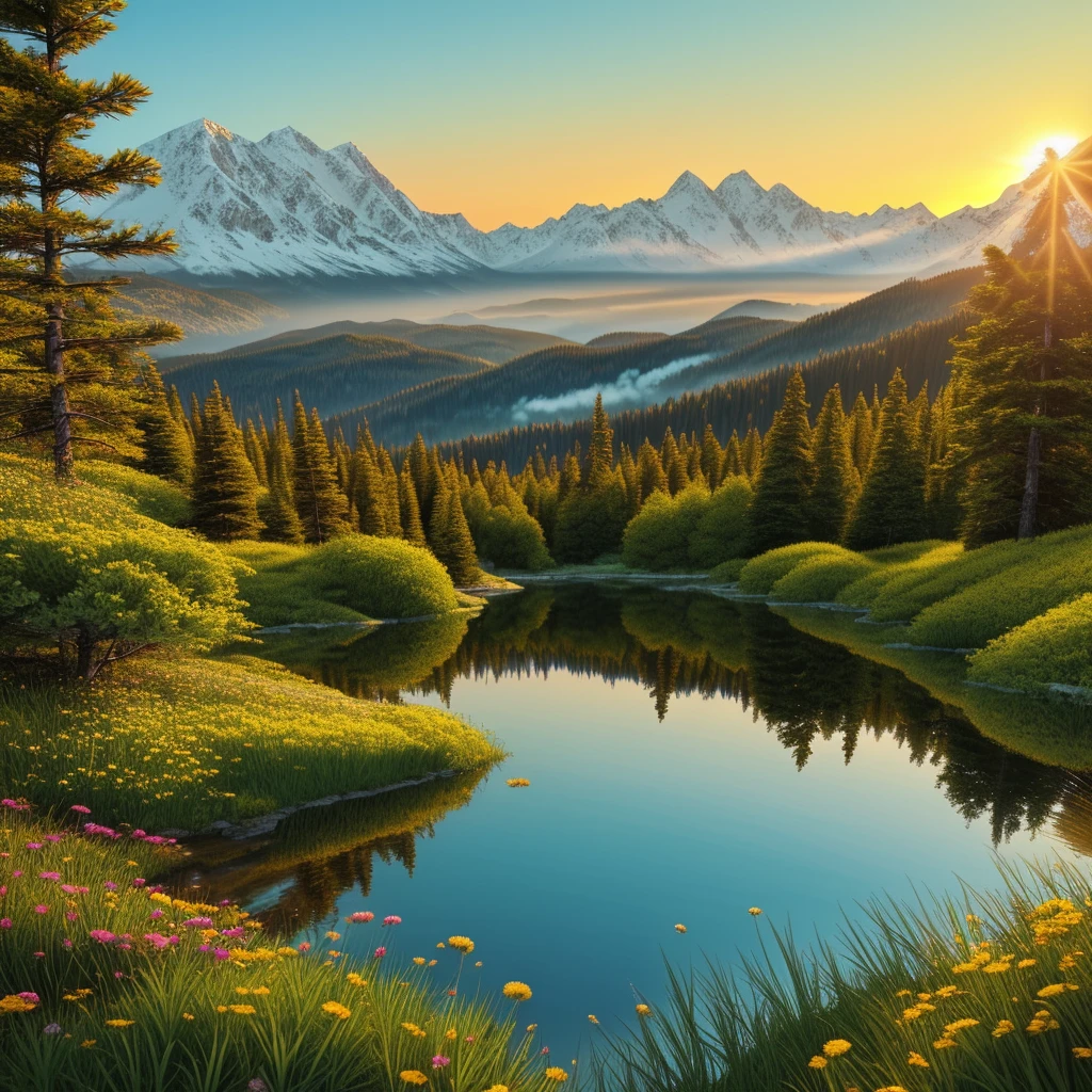 Hyper-realistic digital painting of a breathtaking mountain landscape at sunrise, with snow-capped peaks, a serene crystal-clear lake reflecting the vibrant colors of the dawn sky, lush green meadows dotted with wildflowers in the foreground, and a dense pine forest bordering the scene, cinematic composition, trending on ArtStation.