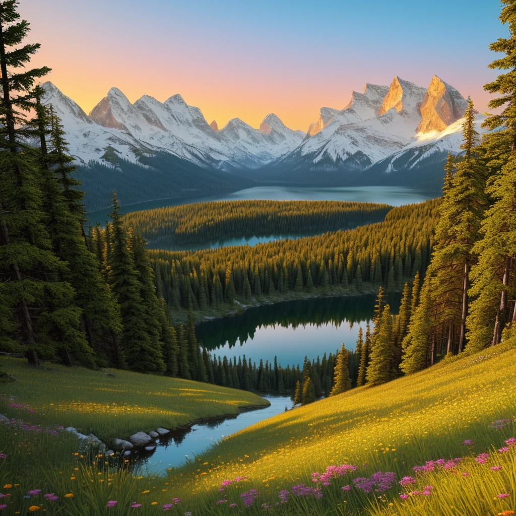 Hyper-realistic digital painting of a breathtaking mountain landscape at sunrise, with snow-capped peaks, a serene crystal-clear lake reflecting the vibrant colors of the dawn sky, lush green meadows dotted with wildflowers in the foreground, and a dense pine forest bordering the scene, cinematic composition, trending on ArtStation.