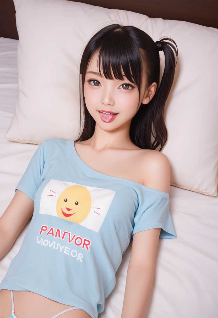 ollarbone,pastel colors t-shirt,off-shoulder look,bare shoulder,midriff peek,string panties,open mouth,tongue out,cum on tongue,lying,looking ahead,from above,flont view,cowboy shot,(1girl,Beautiful old girl),((Slender,Small breasts,Small face,)),looking at viewer,Black Hair,bangs,one side up,Beautiful and detailed,Mischievous smile,Dimly lit room,Simple Background,bed,pillow,best quality