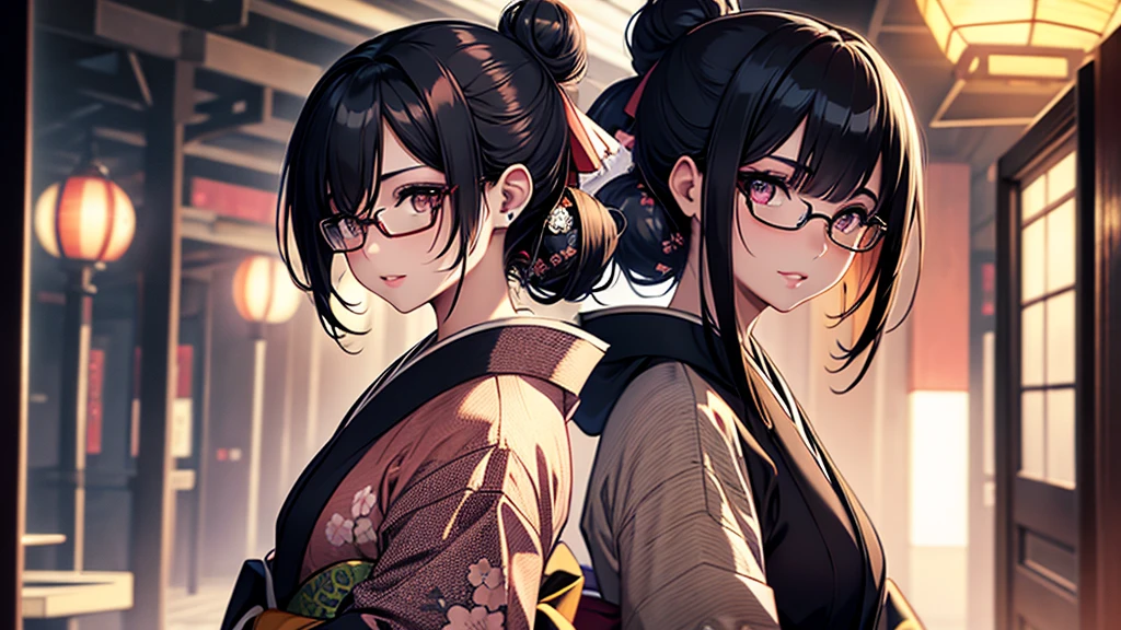 (1girl:1.3), Masterpiece, Best quality, amazing beauty, [[3D]], 4K, absurdres, finely detail, super detailed eye, perfect anatomy, official art, cinematic lighting, BREAK, Japanese-style room, hair bun, black hair, super shiny detailed black eye, big eyes, sparkle(in the eyes), thin eyebrow, Gazing into the Distance, close-mouth, plump lips, Mascara, False eyelashes, pink lips, eyewear, happy face, BREAK , usually, tall, slender, fair skin, crossed arms, full body, from side, BREAK , ornate hairpin, BREAK,(kimono:1.3)
