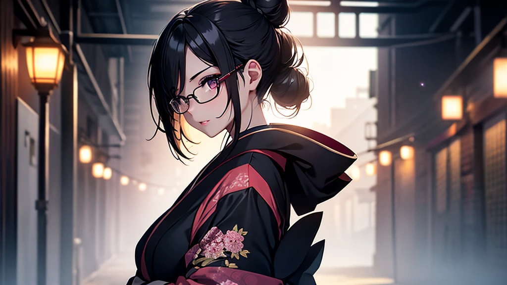 (1girl:1.3), Masterpiece, Best quality, amazing beauty, [[3D]], 4K, absurdres, finely detail, super detailed eye, perfect anatomy, official art, cinematic lighting, BREAK, Night of the big full moon, stone, silky bun hairstyle, blunt bangs, red hair, super shiny detailed yellow eyes, cute eyes, thin eyebrow, Staring, facing this way, close-mouth, rouge, Eyeshadow, glasses, piercing, embarrassed, BREAK , big breasts, tall, slim, fair skin, glistening skin, walking, full body, from side, wearing a kimono, Kimono of extreme colors, Spotlight, BREAK , , BREAK,(Glasses)