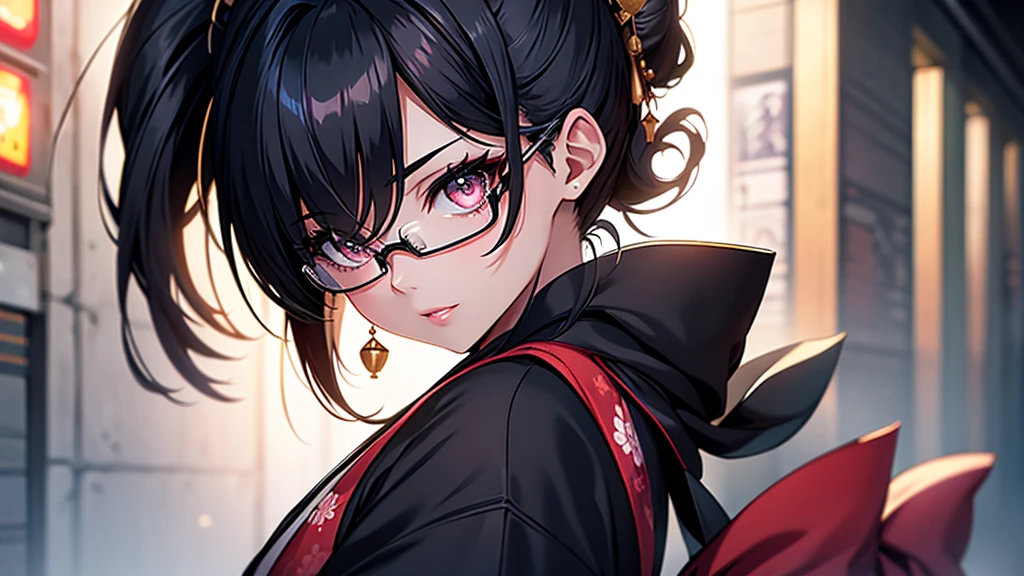 (1girl:1.3), Masterpiece, Best quality, amazing beauty, [[3D]], 4K, absurdres, finely detail, super detailed eye, perfect anatomy, official art, cinematic lighting, BREAK, Japanese-style room, hair bun, black hair, super shiny detailed black eye, big eyes, sparkle(in the eyes), thin eyebrow, Gazing into the Distance, close-mouth, plump lips, Mascara, False eyelashes, pink lips, eyewear, happy face, BREAK , usually, tall, slender, fair skin, crossed arms, full body, from side, BREAK , ornate hairpin, BREAK,(kimono:1.3)