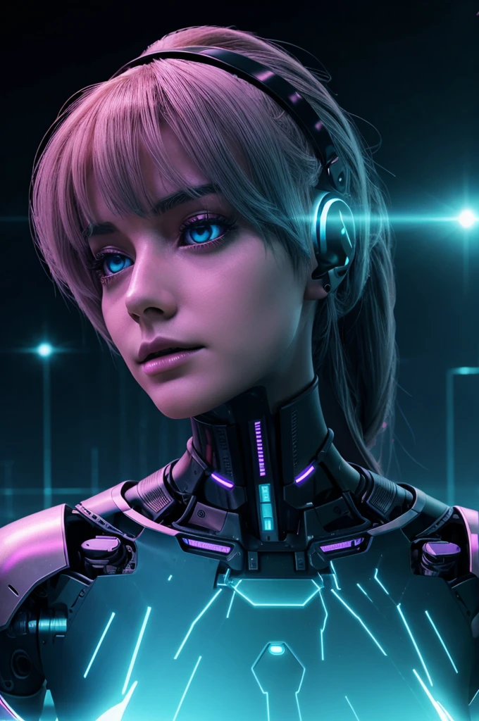 Generate a digital landscape with haunting AI elements, featuring a female robot. Add evil aura to her