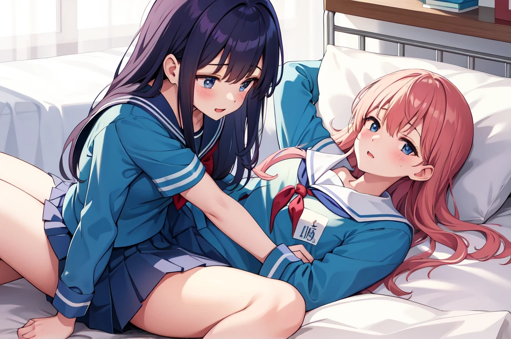 A high school girl in a sailor uniform who is feeling unwell is lying on a bed in the nurse&#39;s office.