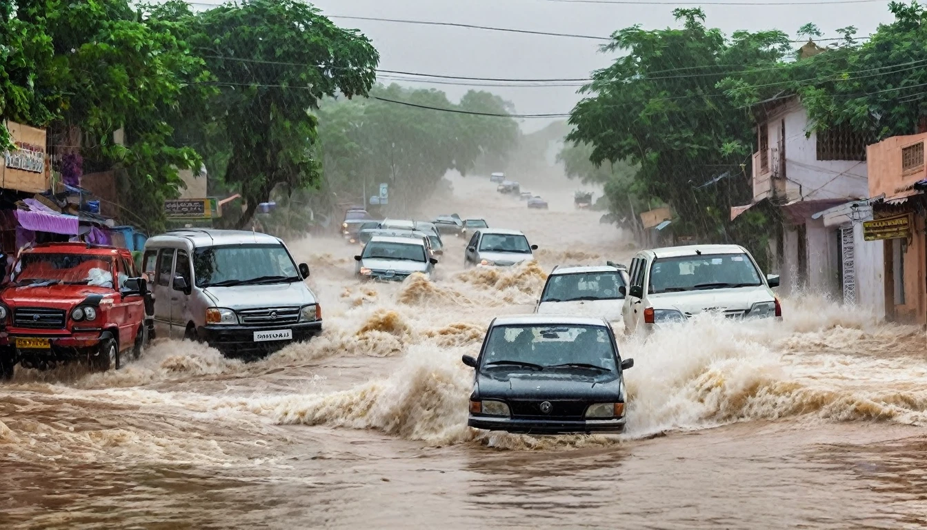 whoa, dramatic image depicts a chaos scenario. Heavy rain falls with strong winds, caused waves of flash floods destroying houses and cars on a street in Rajasthan, india.