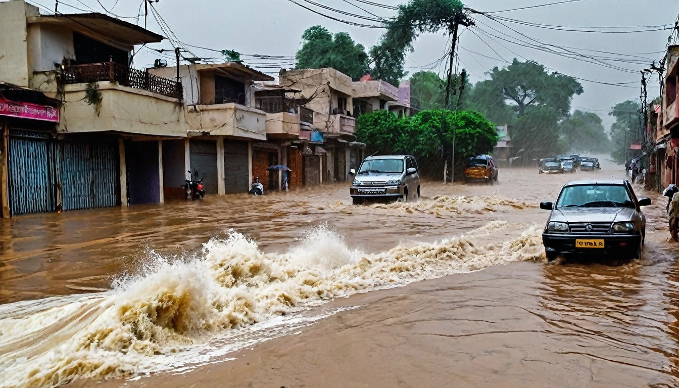 whoa, dramatic image depicts a chaos scenario. Heavy rain falls with strong winds, caused waves of flash floods destroying houses and cars on a street in Rajasthan, india.