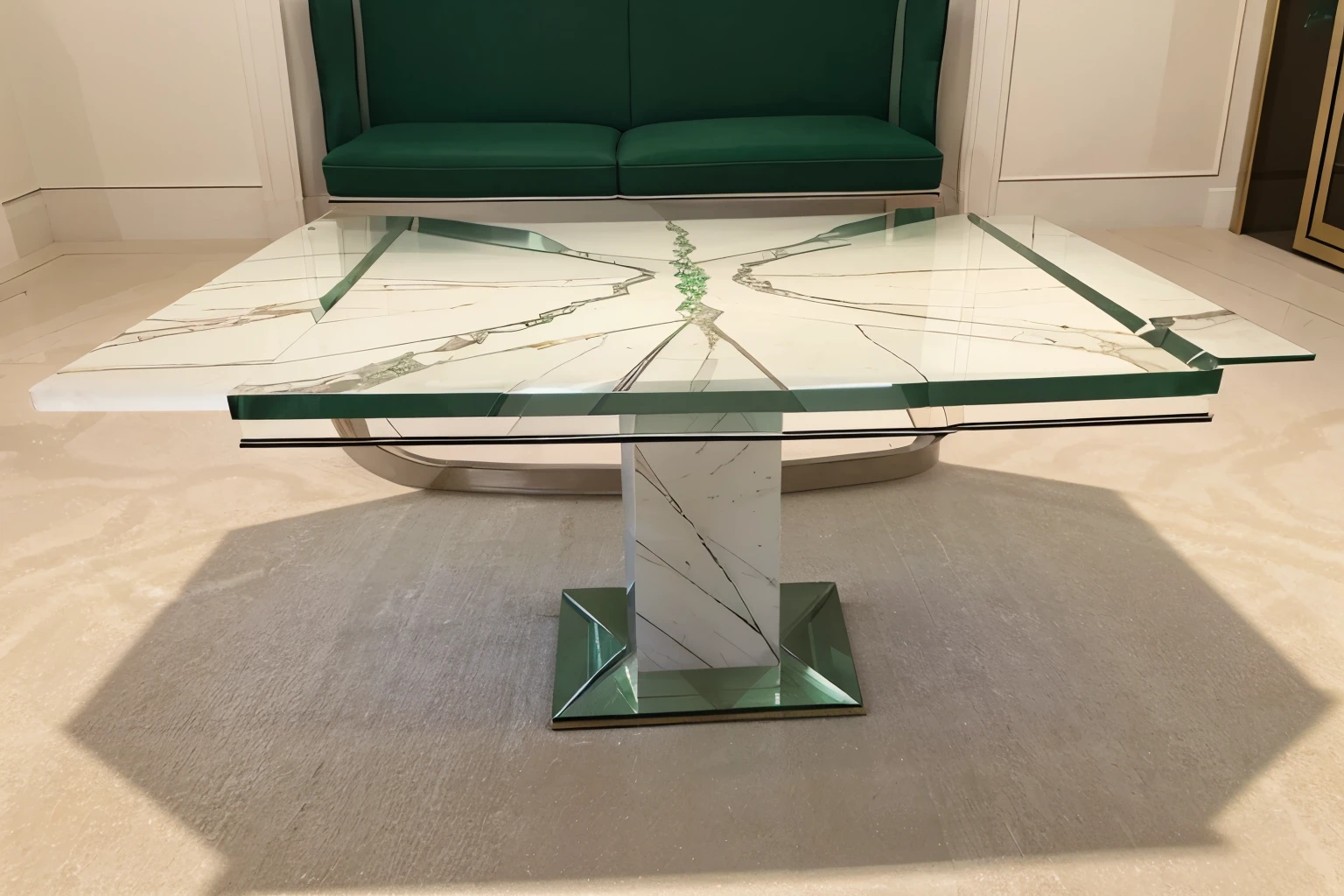 solid elongated angular crystal table, transparent green crystal top, smooth table top, a few cracks, lots of details, elegant decorations. A marble base, square and white, lots of details, high resolution