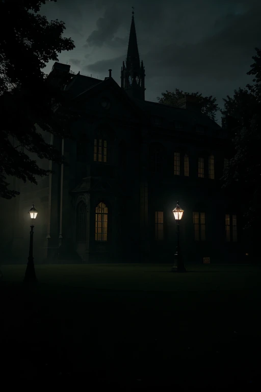 a ghostly university campus at night, atmospheric moody lighting, dark clouds in the sky, old gothic architecture, flickering candles, cobwebs, eerie mist, pale moon, silhouettes of students, mysterious shadows, unseen entities, horror, dramatic, cinematic, chiaroscuro lighting, deep shadows, high contrast, hyper-detailed, 8k, photorealistic, award winning digital art